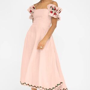 Fanm Mon Blush Pink One-Shoulder Midi Dress with Floral Accents. Alanya Dress